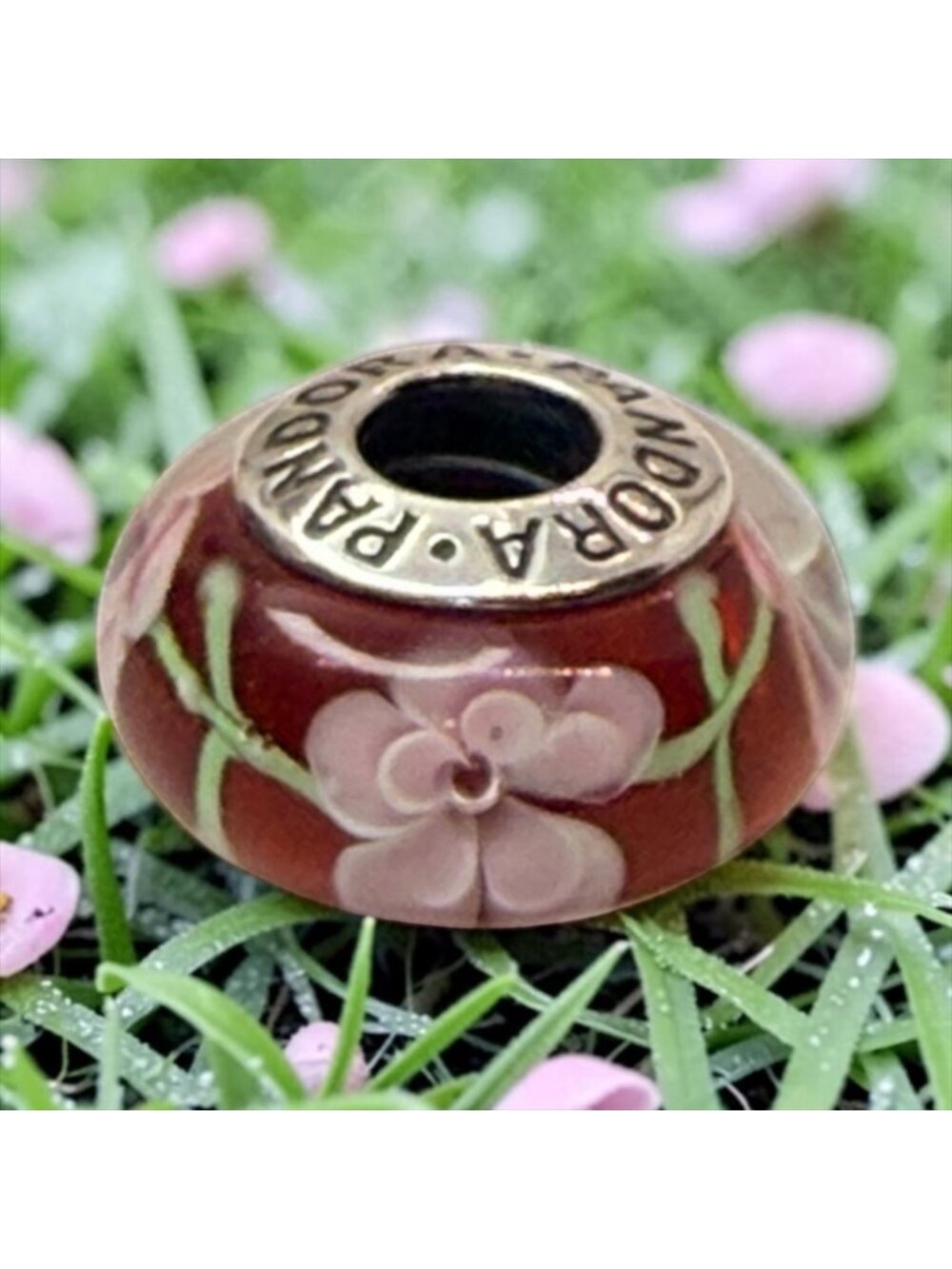 Retired Pandora XL Pink Floral Murano Glass Charm S925 ALE Threaded